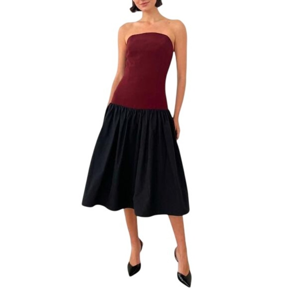Amanda Uprichard Valencia Burgundy Black Colorblock Drop Waist Midi Dress XS New